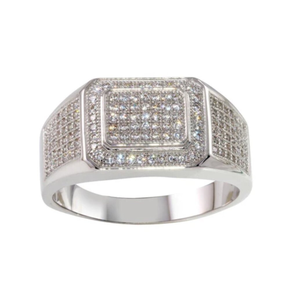 Sterling Silver 925 Rhodium Plated Men's Square CZ Ring